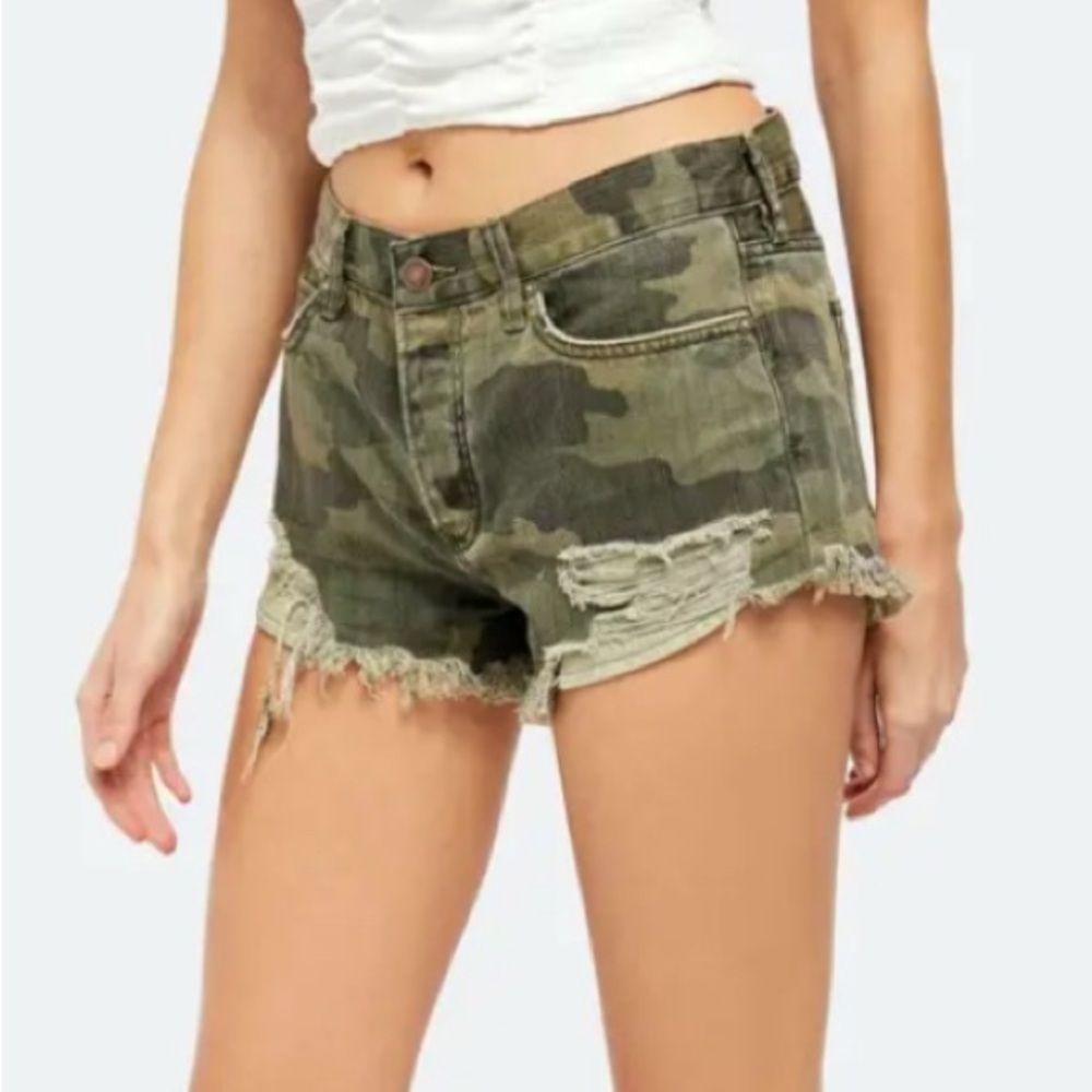 We The Free Olive Camouflage High Waist Shorts